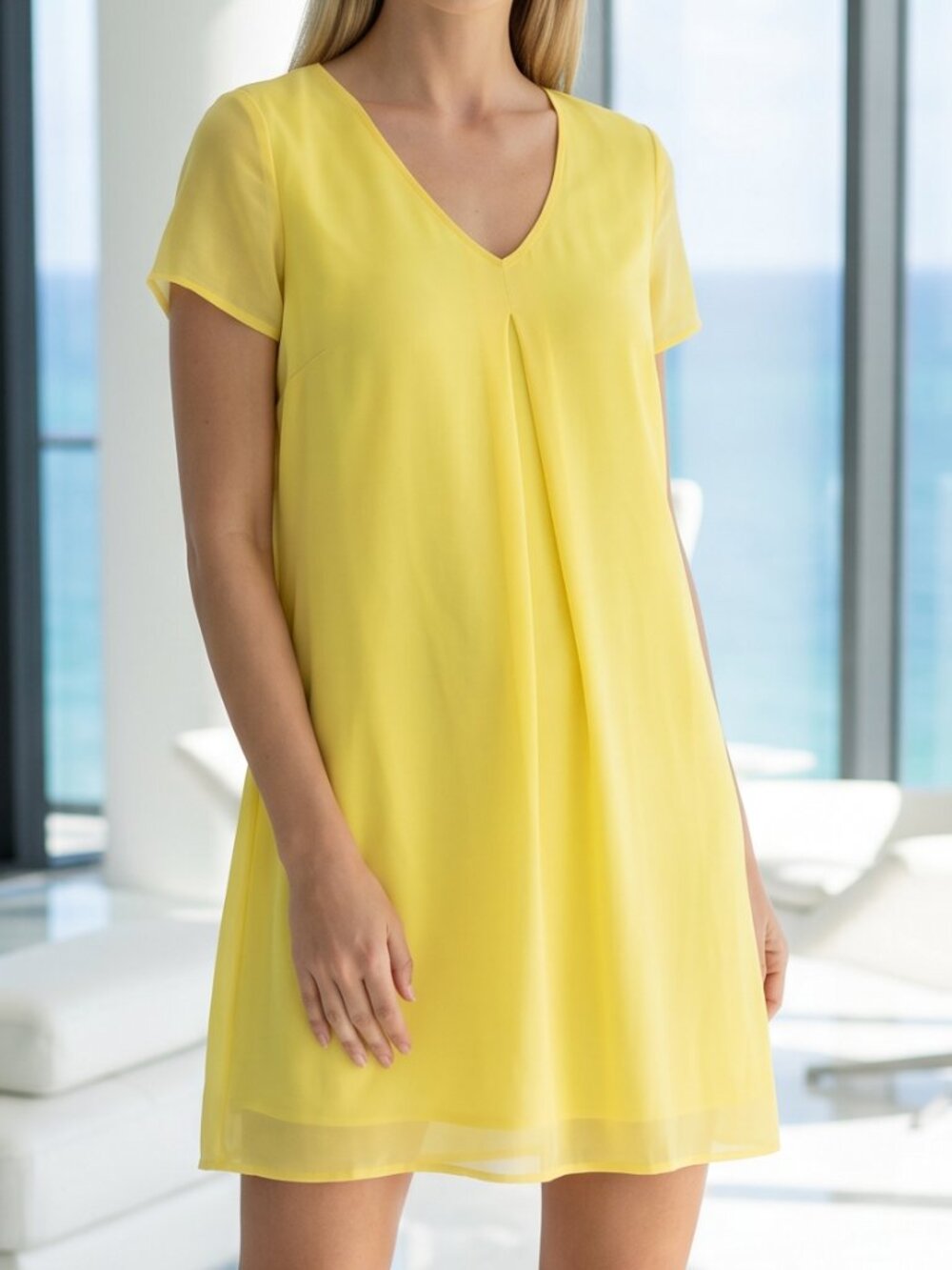 NWT LULU'S mini shift V-neck chiffon dress yellow XS